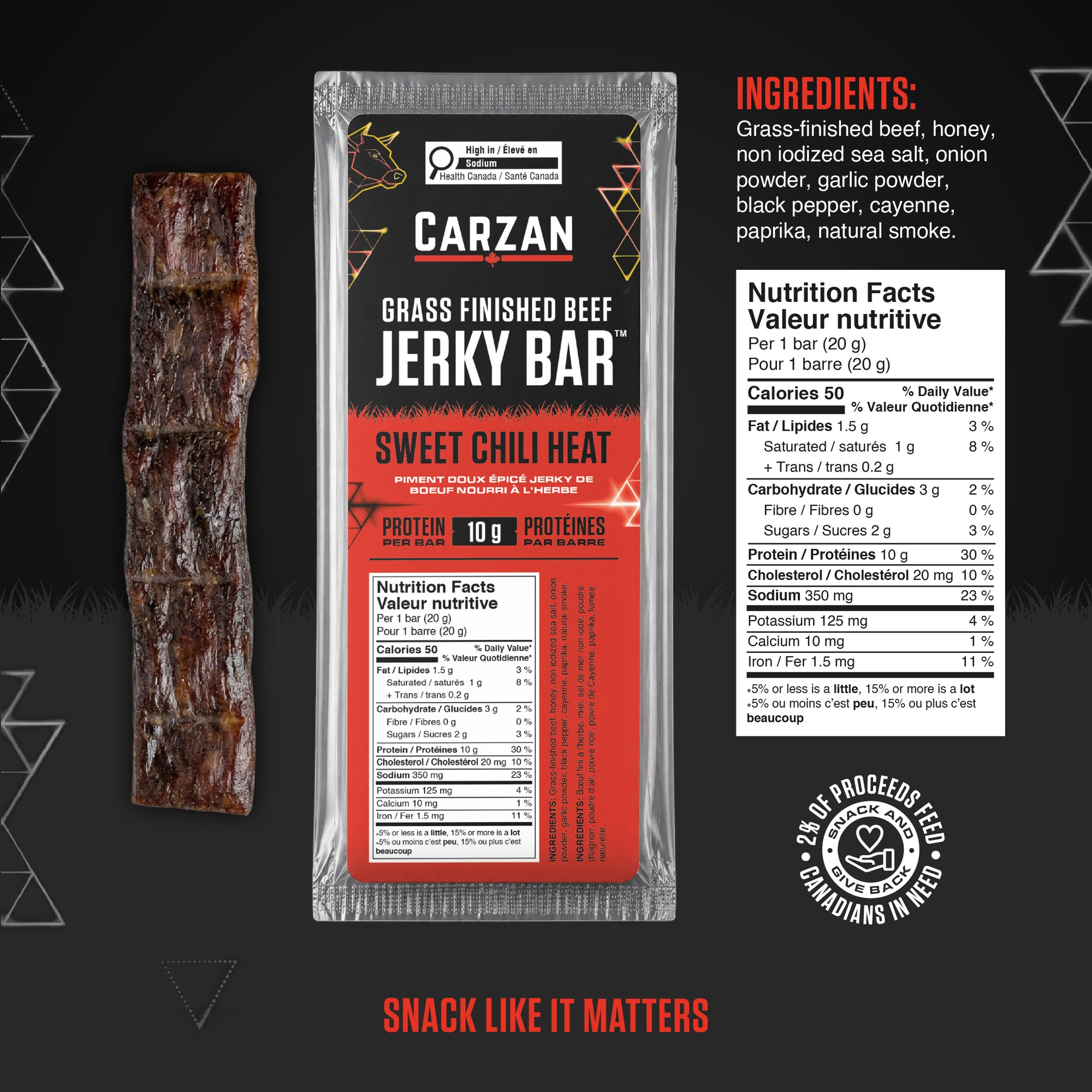 Carzan Sweet Chili Heat Beef Jerky Bar nutrition facts and ingredients label