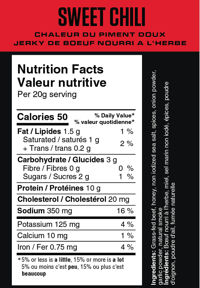 Nutrition facts label for Sweet Chili beef jerky