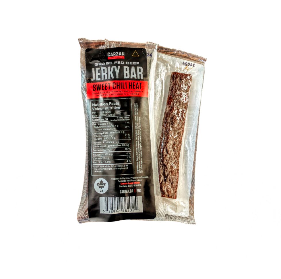 Front and back image of Carzan Sweet Chili Heat Jerky Bar