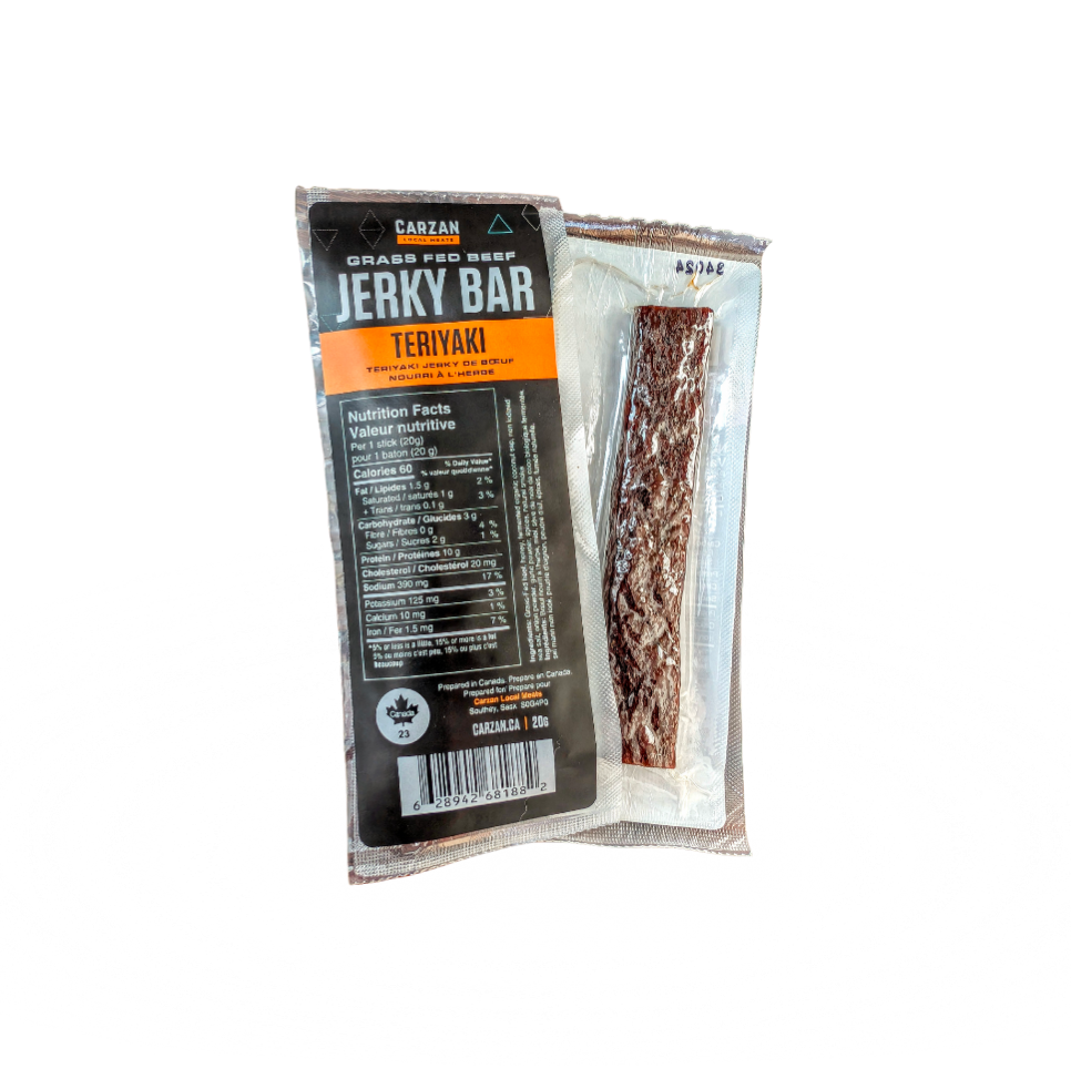 Front and back image of Carzan Teriyaki Jerky Bar