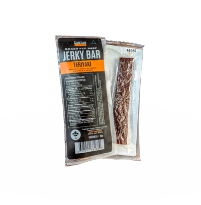 Front and back image of Carzan Teriyaki Jerky Bar