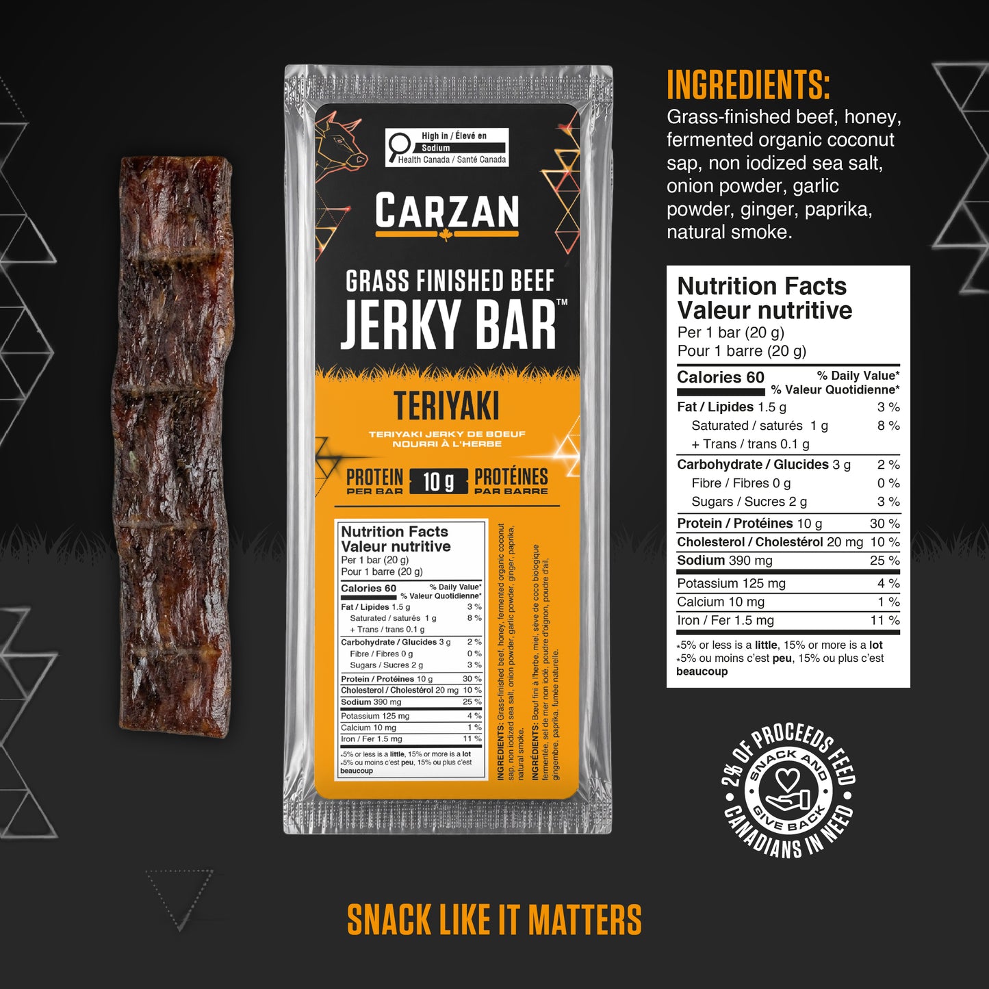Carzan Teriyaki Beef Jerky Bar nutrition facts and ingredients label