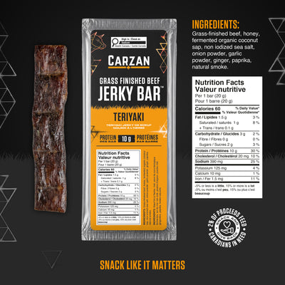 Carzan Teriyaki Beef Jerky Bar nutrition facts and ingredients label