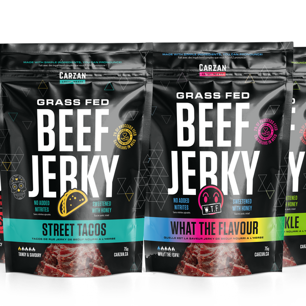 Mockup representation of Carzan Twelve Hour Trip Jerky Combo Pack