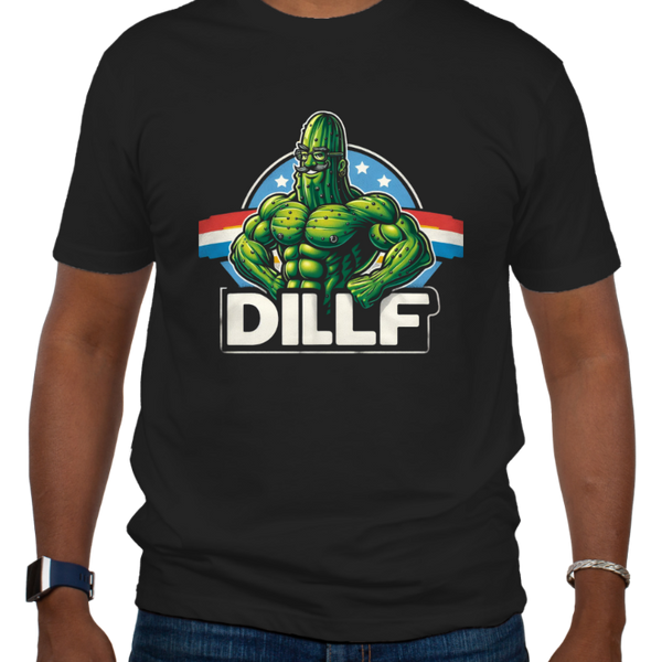 A person wearing a black 'DILLF' graphic tee with a shredded dill pickle design and the text 'DILLF' below it.