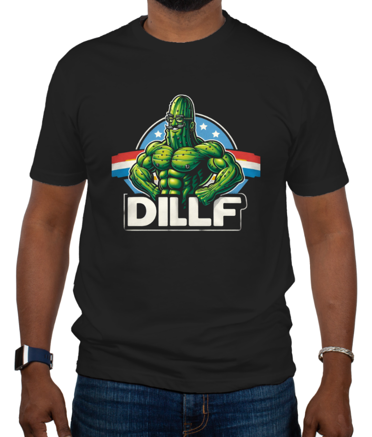 A person wearing a black 'DILLF' graphic tee with a shredded dill pickle design and the text 'DILLF' below it.