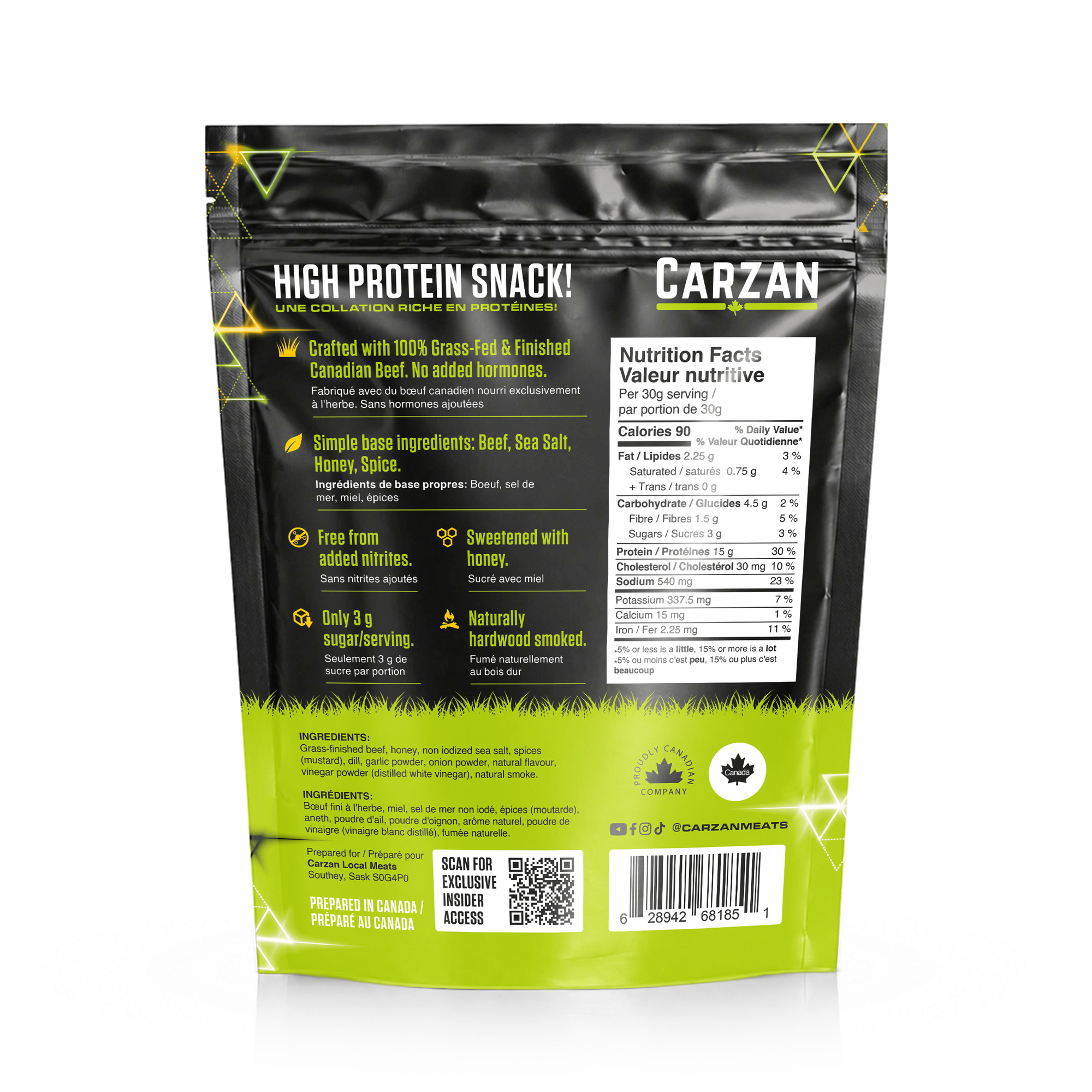 Back of Carzan Dill Pickle grass-fed beef jerky bag showing nutrition facts