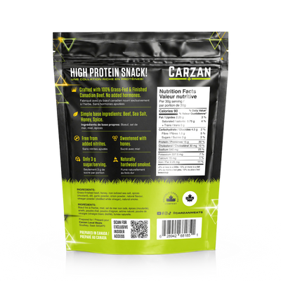 Back of Carzan Dill Pickle grass-fed beef jerky bag showing nutrition facts