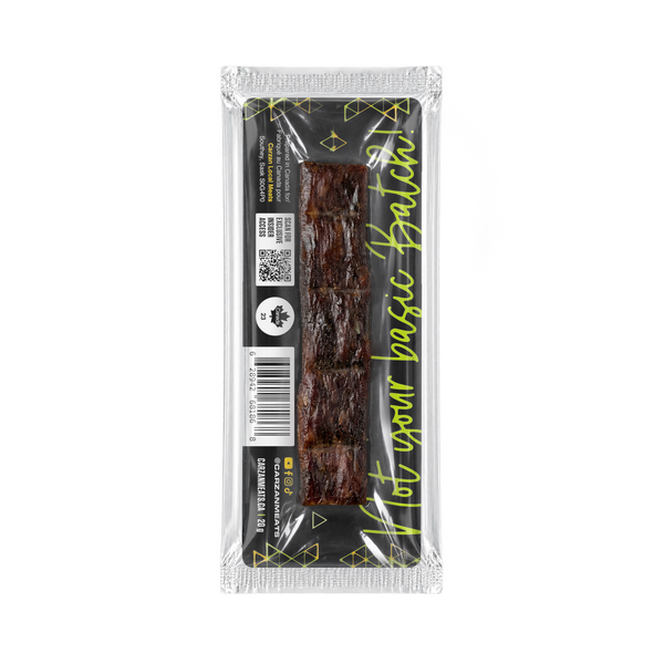 Back of Carzan Dill Pickle grass-fed beef jerky bar showing nutrition facts