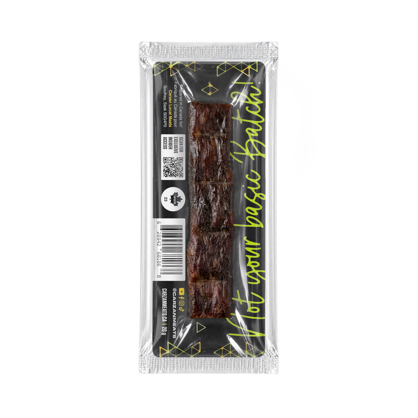 Back of Carzan Dill Pickle grass-fed beef jerky bar showing nutrition facts