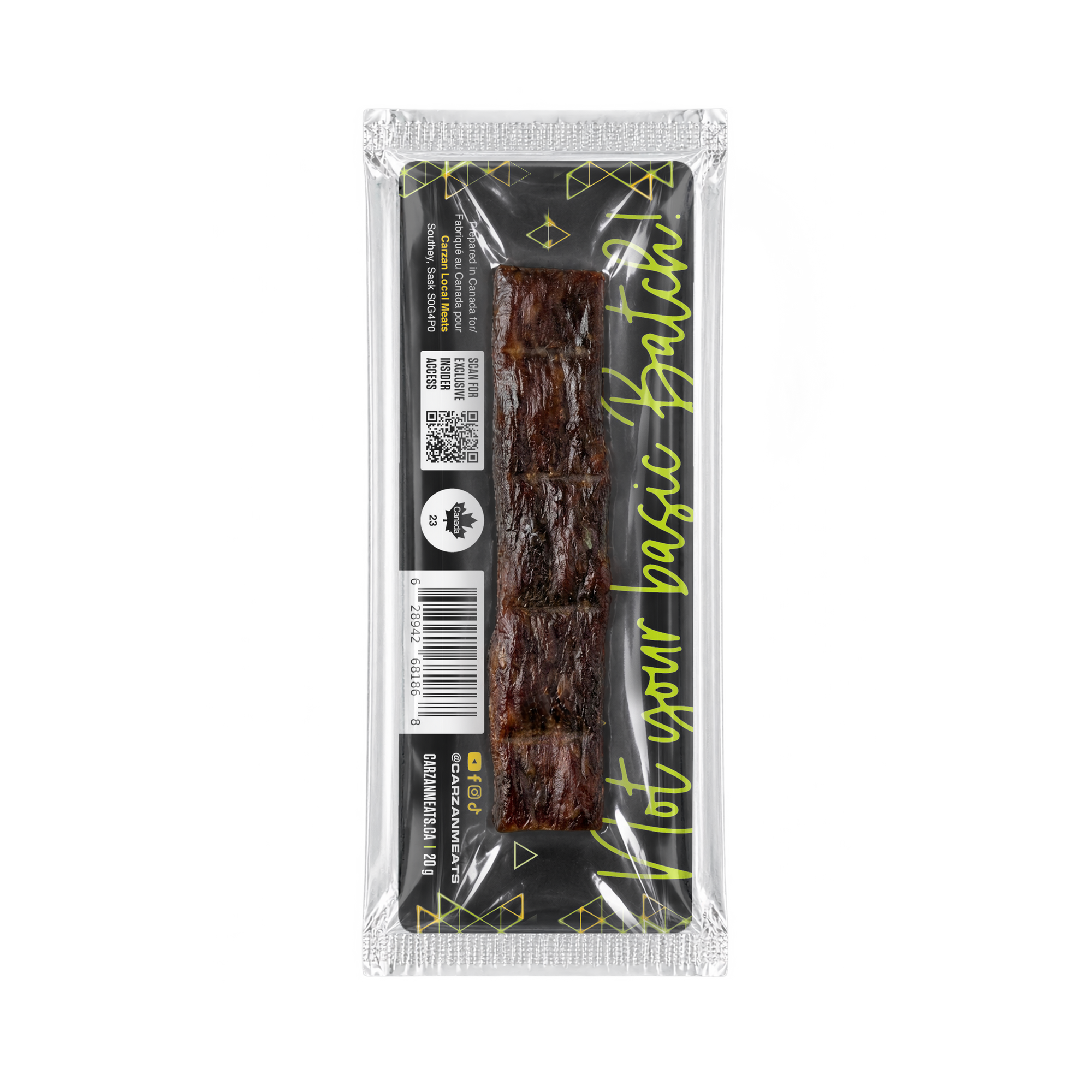 Back of Carzan Dill Pickle grass-fed beef jerky bar showing nutrition facts