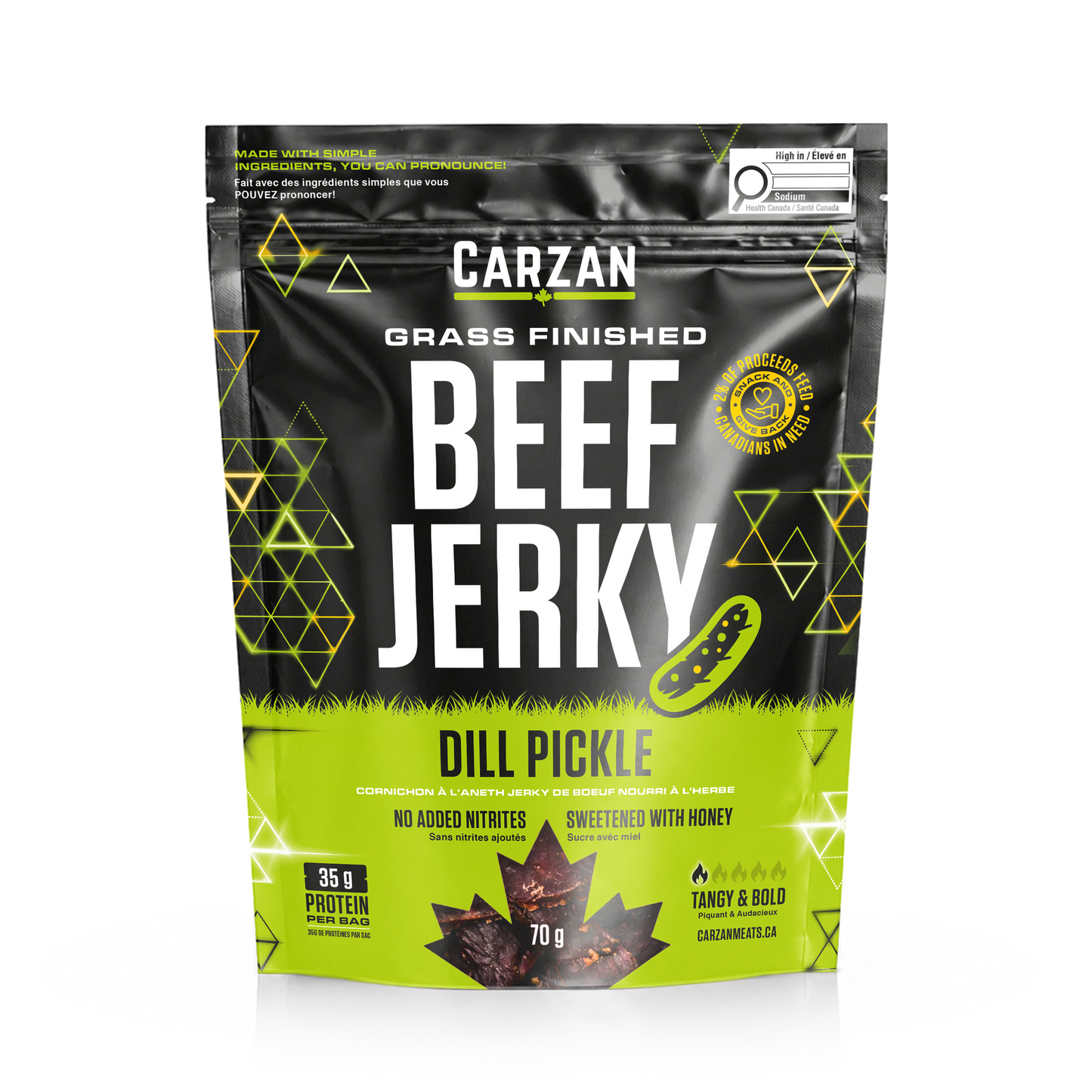 Front of Carzan Dill Pickle grass-fed beef jerky bag