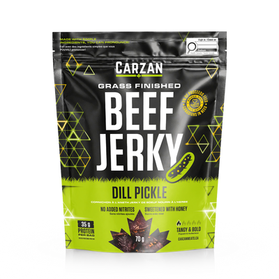 Front of Carzan Dill Pickle grass-fed beef jerky bag