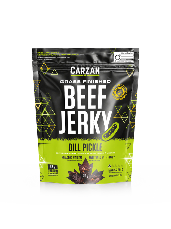 Front of Carzan Dill Pickle grass-fed beef jerky bag