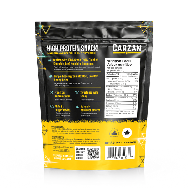 Back of Carzan Electric Honey grass-fed beef jerky bag showing nutrition facts