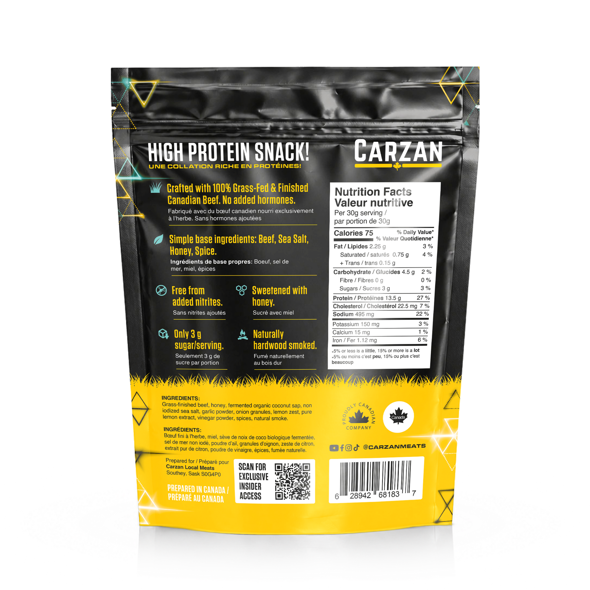 Back of Carzan Electric Honey grass-fed beef jerky bag showing nutrition facts