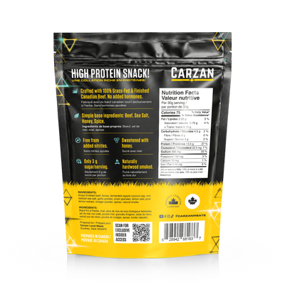 Back of Carzan Electric Honey grass-fed beef jerky bag showing nutrition facts