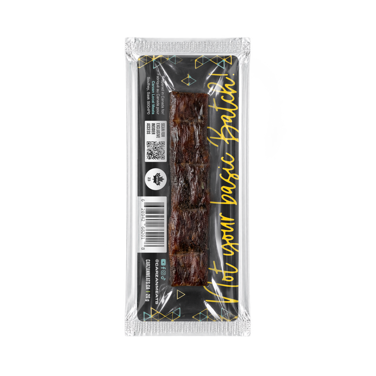 Back of Carzan Electric Honey grass-fed beef jerky bar showing nutrition facts
