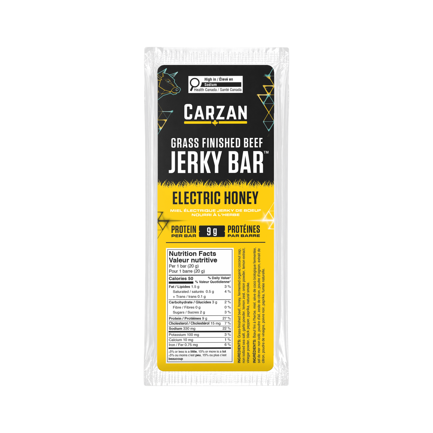 Front of Carzan Electric Honey grass-fed beef jerky bar