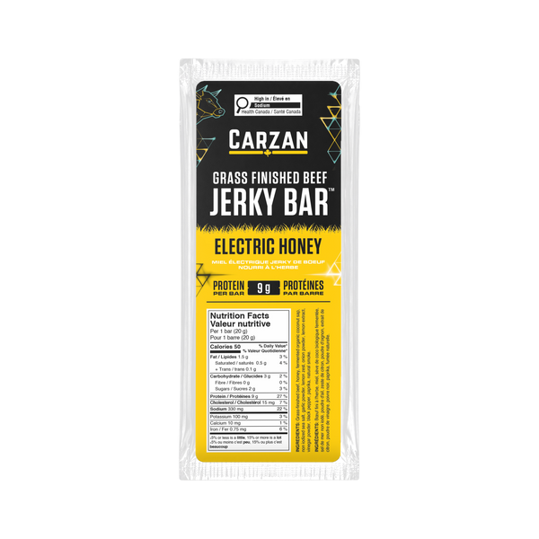 Front of Carzan Electric Honey grass-fed beef jerky bar