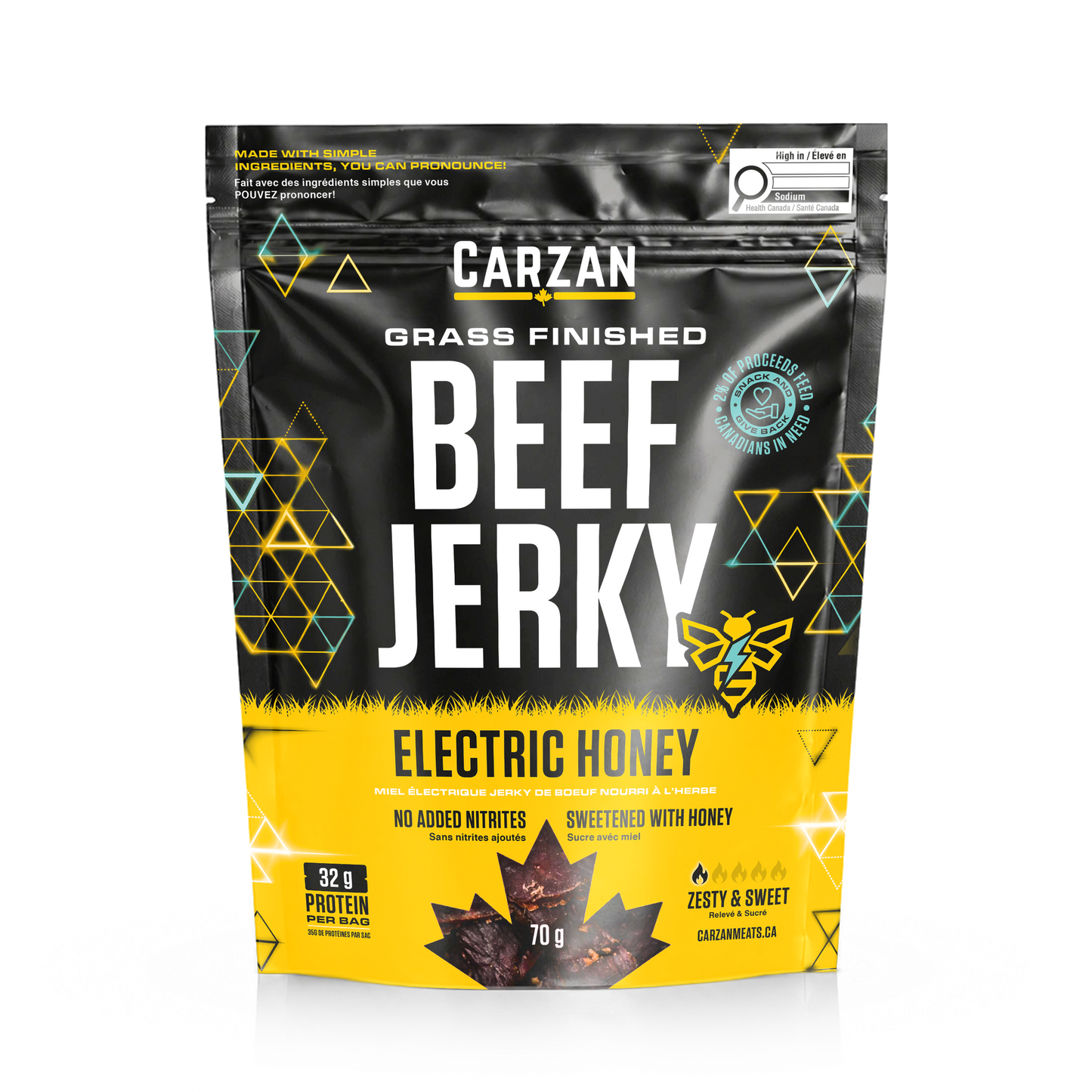 Front of Carzan Electric Honey grass-fed beef jerky bag