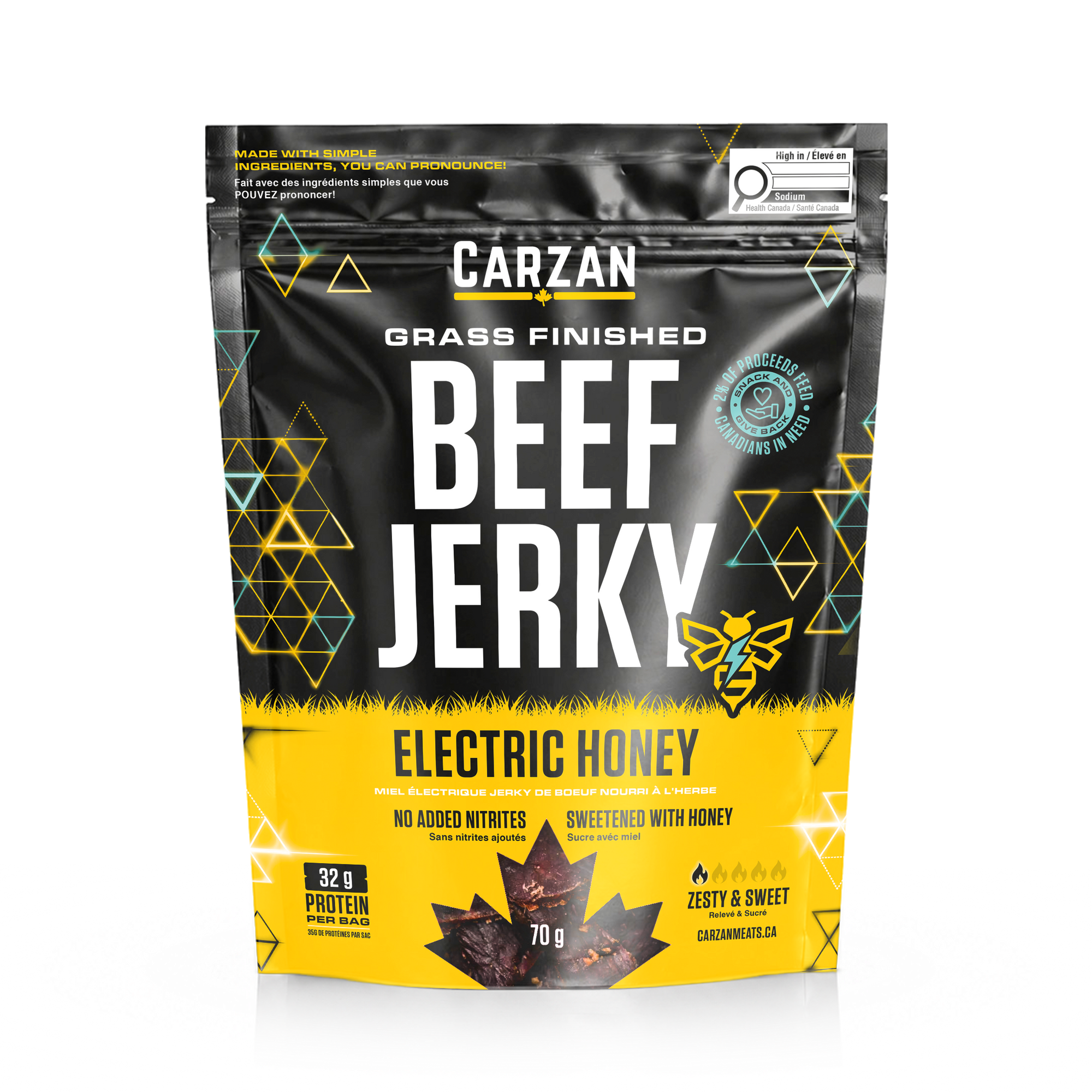Front of Carzan Electric Honey grass-fed beef jerky bag