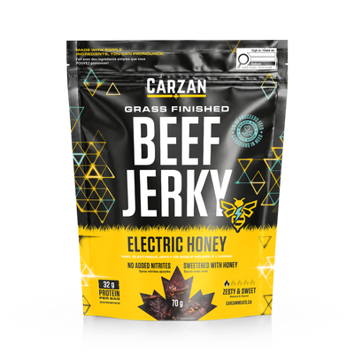 Front of Carzan Electric Honey grass-fed beef jerky bag