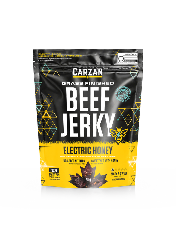 Front of Carzan Electric Honey grass-fed beef jerky bag