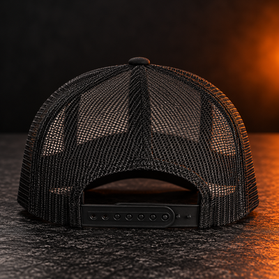 Carzan Trucker Hat in Heather Grey, back view with black mesh and snapback closure