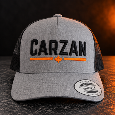 Carzan Trucker Hat in Heather Grey with black mesh, front view with raised black Carzan logo