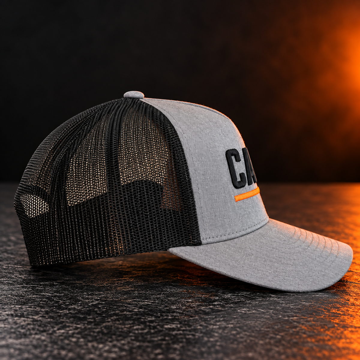 Carzan Trucker Hat in Heather Grey with black mesh, side view
