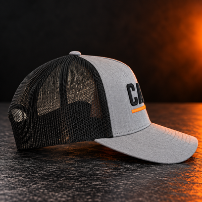 Carzan Trucker Hat in Heather Grey with black mesh, side view
