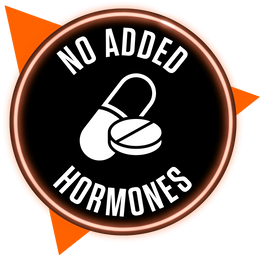 Logo with 'No Added Hormones' text and pill icon on a black background with orange accents.