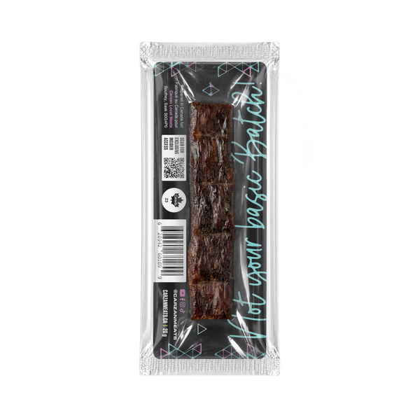 Back of Carzan Sea Salt Black Pepper grass-fed beef jerky bar showing nutrition facts