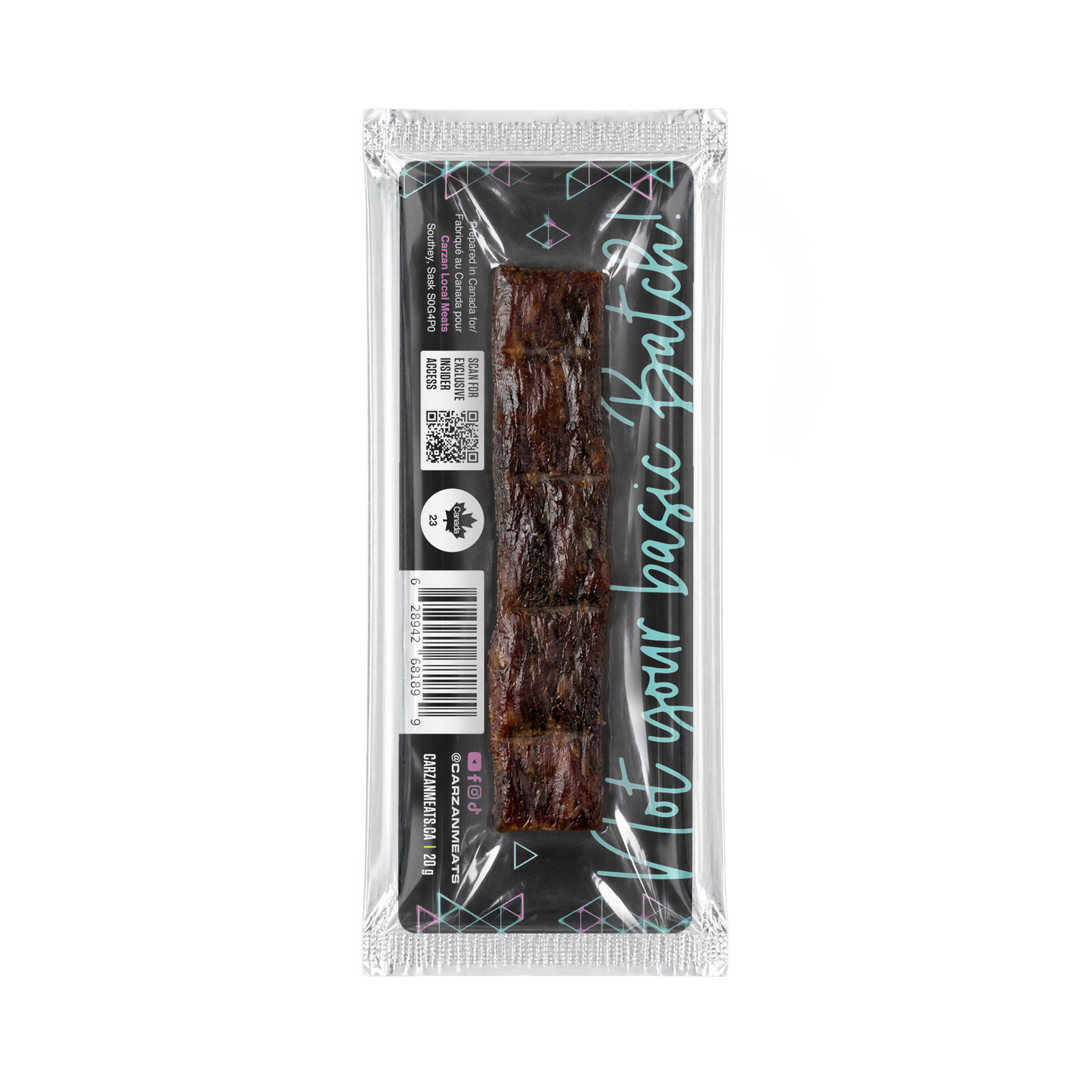 Back of Carzan Sea Salt Black Pepper grass-fed beef jerky bar showing nutrition facts