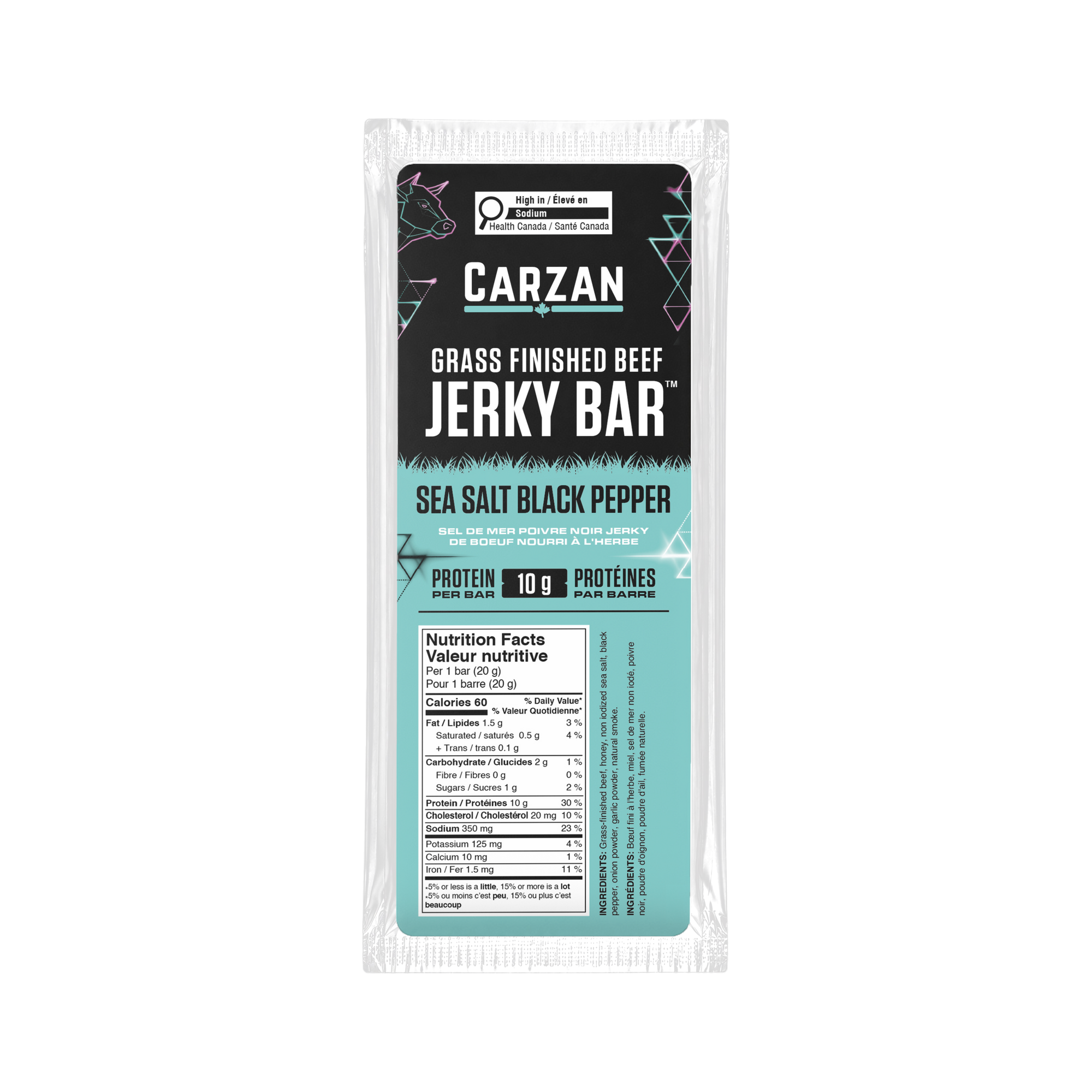 Front of Carzan Sea Salt Black Pepper grass-fed beef jerky bar