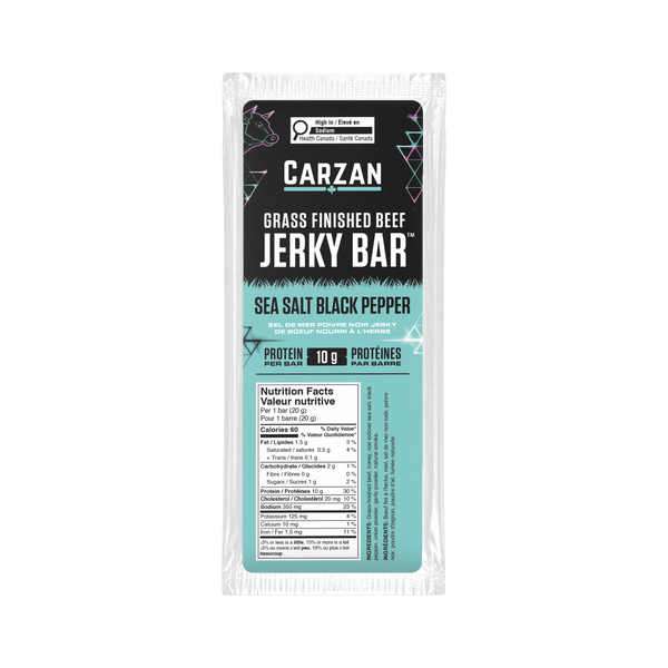 Front of Carzan Sea Salt Black Pepper grass-fed beef jerky bar