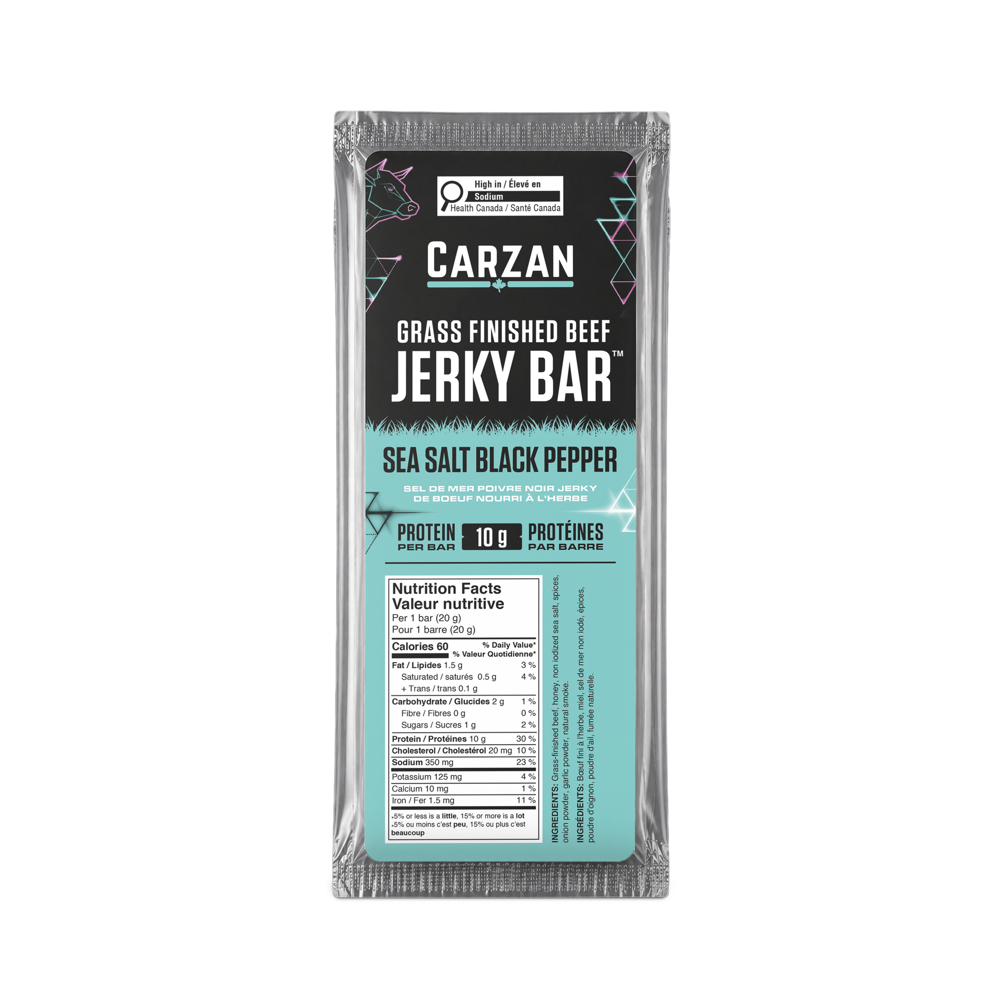 Package of Carzan Sea Salt & Black Pepper grass-fed beef jerky bar