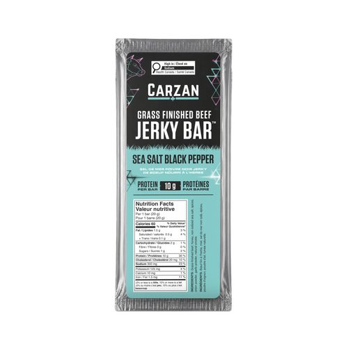 Package of Carzan Sea Salt & Black Pepper grass-fed beef jerky bar