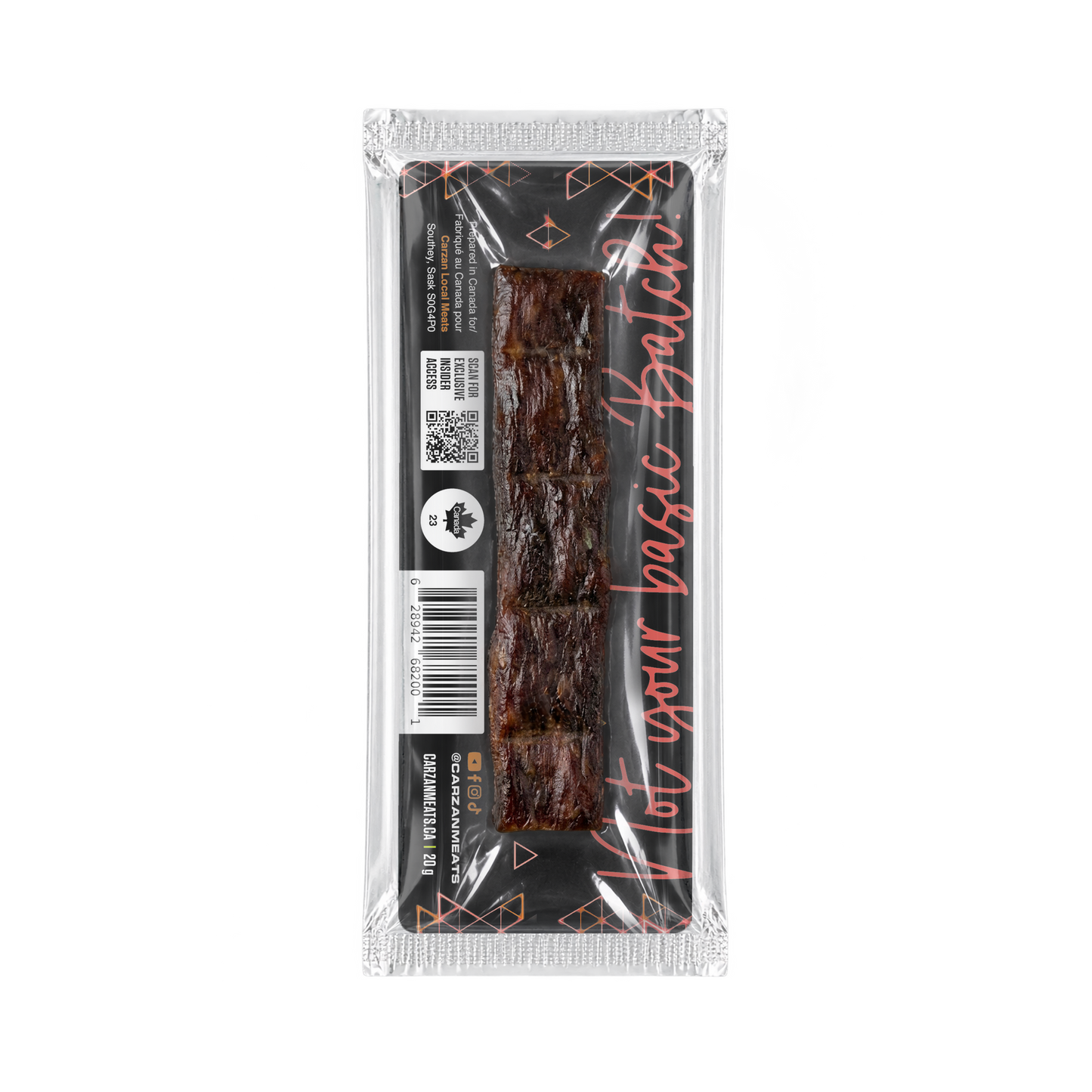 Back of Carzan Smokey Maple grass-fed beef jerky bar showing nutrition facts