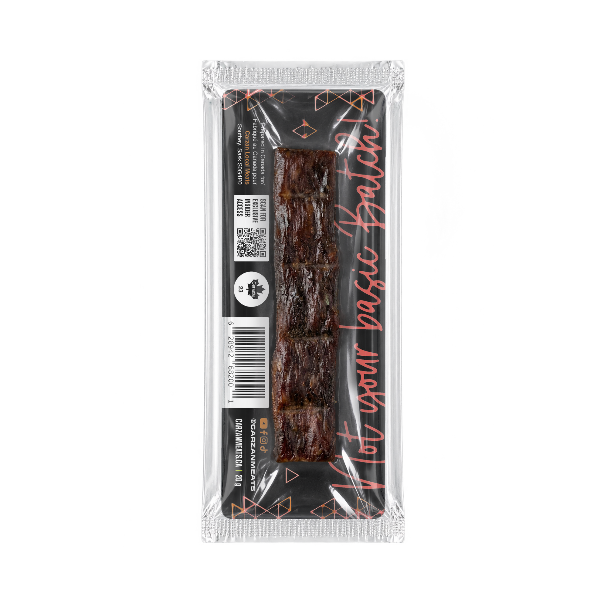 Back of Carzan Smokey Maple grass-fed beef jerky bar showing nutrition facts