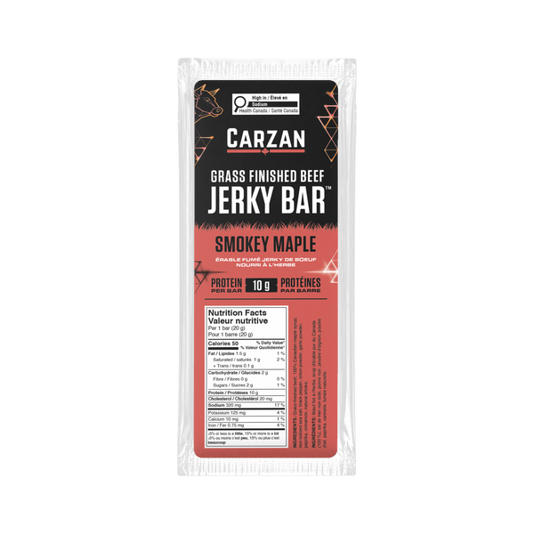 Front of Carzan Smokey Maple grass-fed beef jerky bar