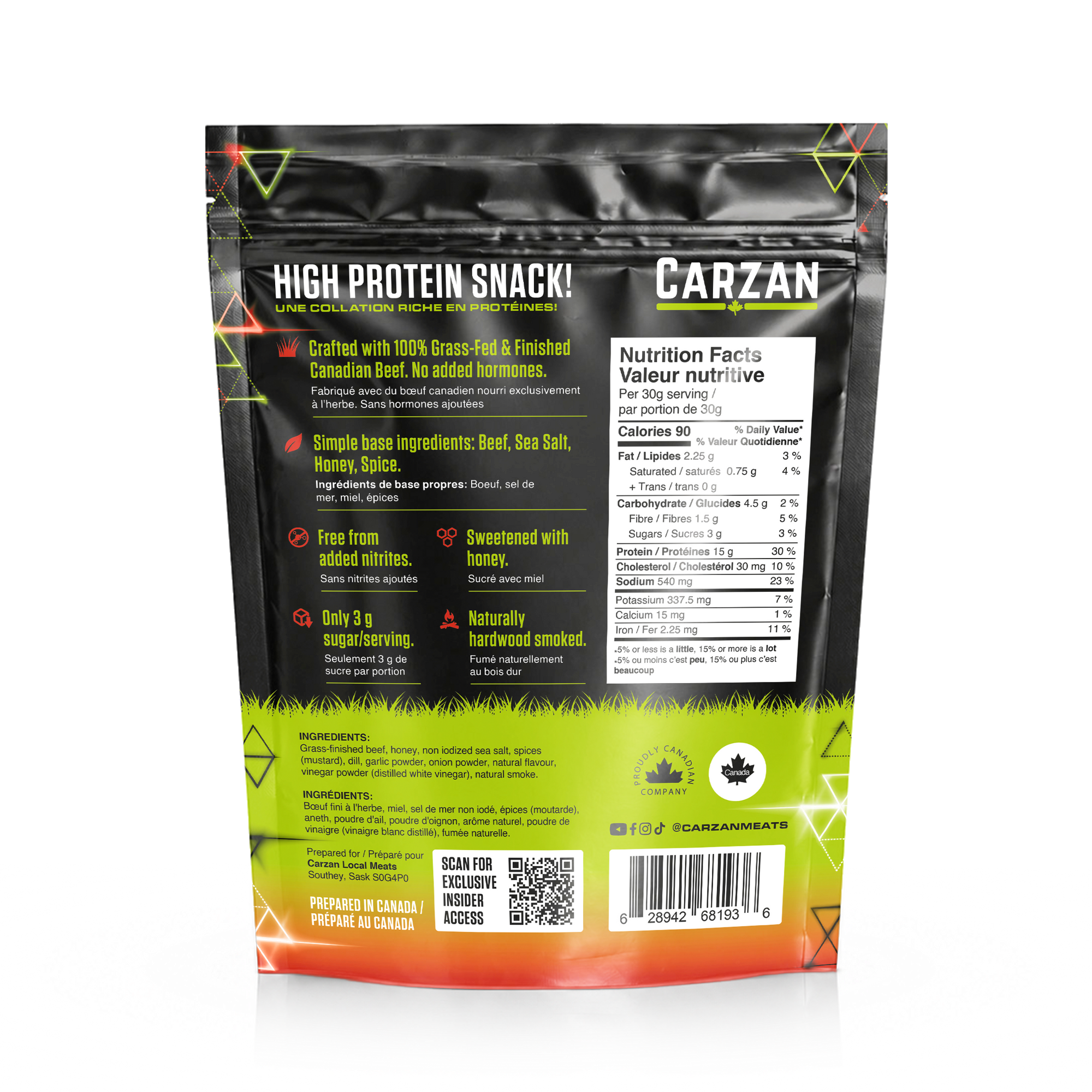 Back of Carzan Spicy Dill Pickle grass-fed beef jerky bag showing nutrition facts