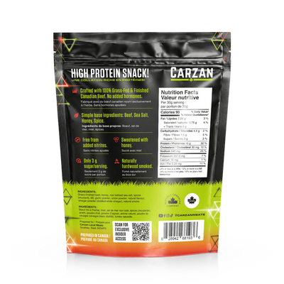 Back of Carzan Spicy Dill Pickle grass-fed beef jerky bag showing nutrition facts