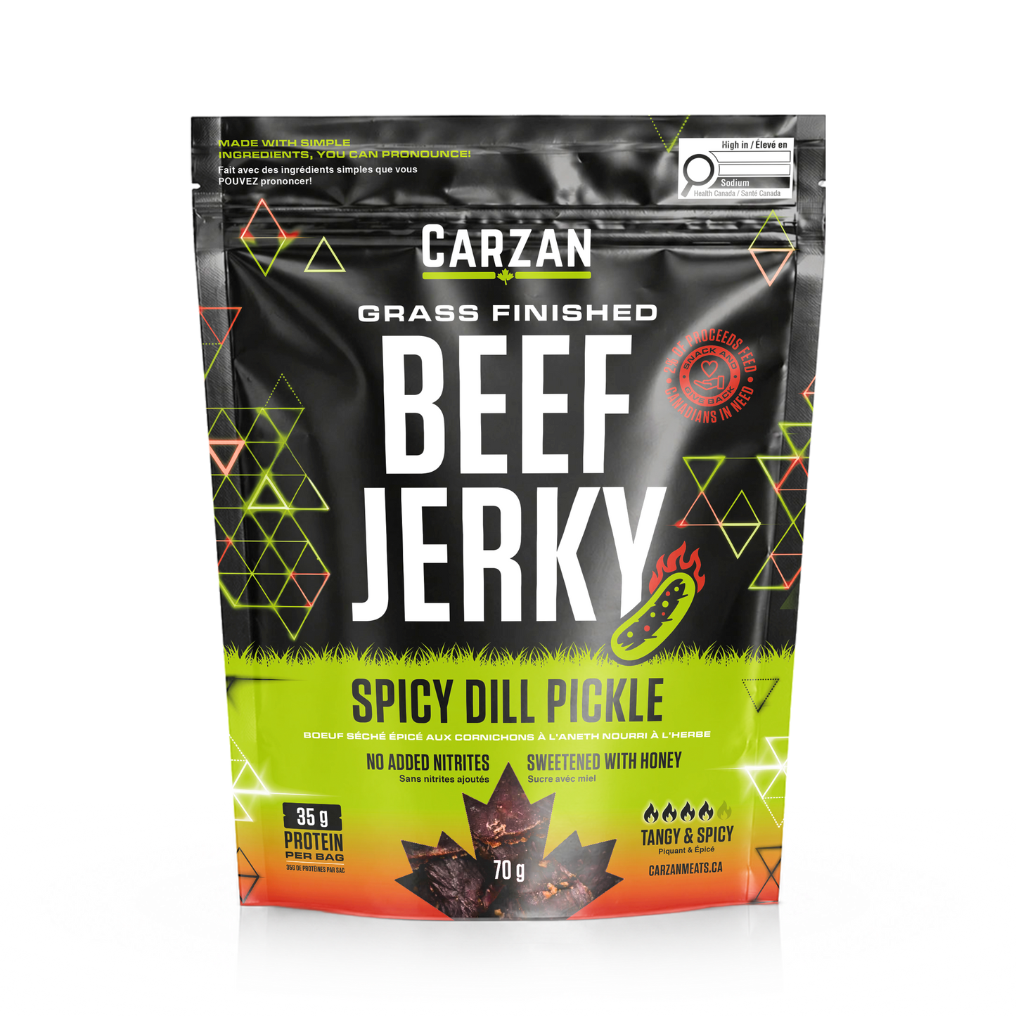 Front of Carzan Spicy Dill Pickle grass-fed beef jerky bag
