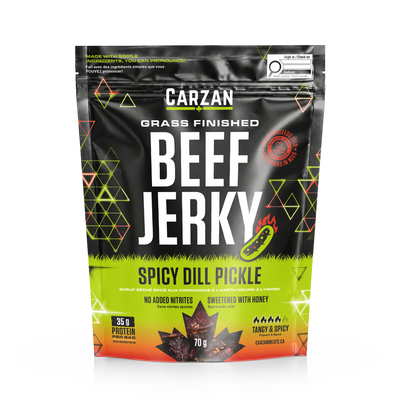 Front of Carzan Spicy Dill Pickle grass-fed beef jerky bag
