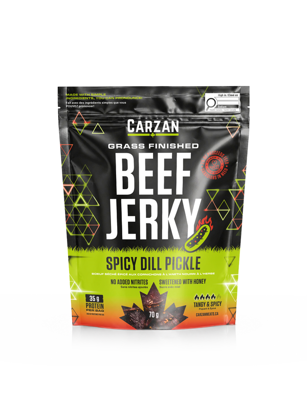 Front of Carzan Spicy Dill Pickle grass-fed beef jerky bag