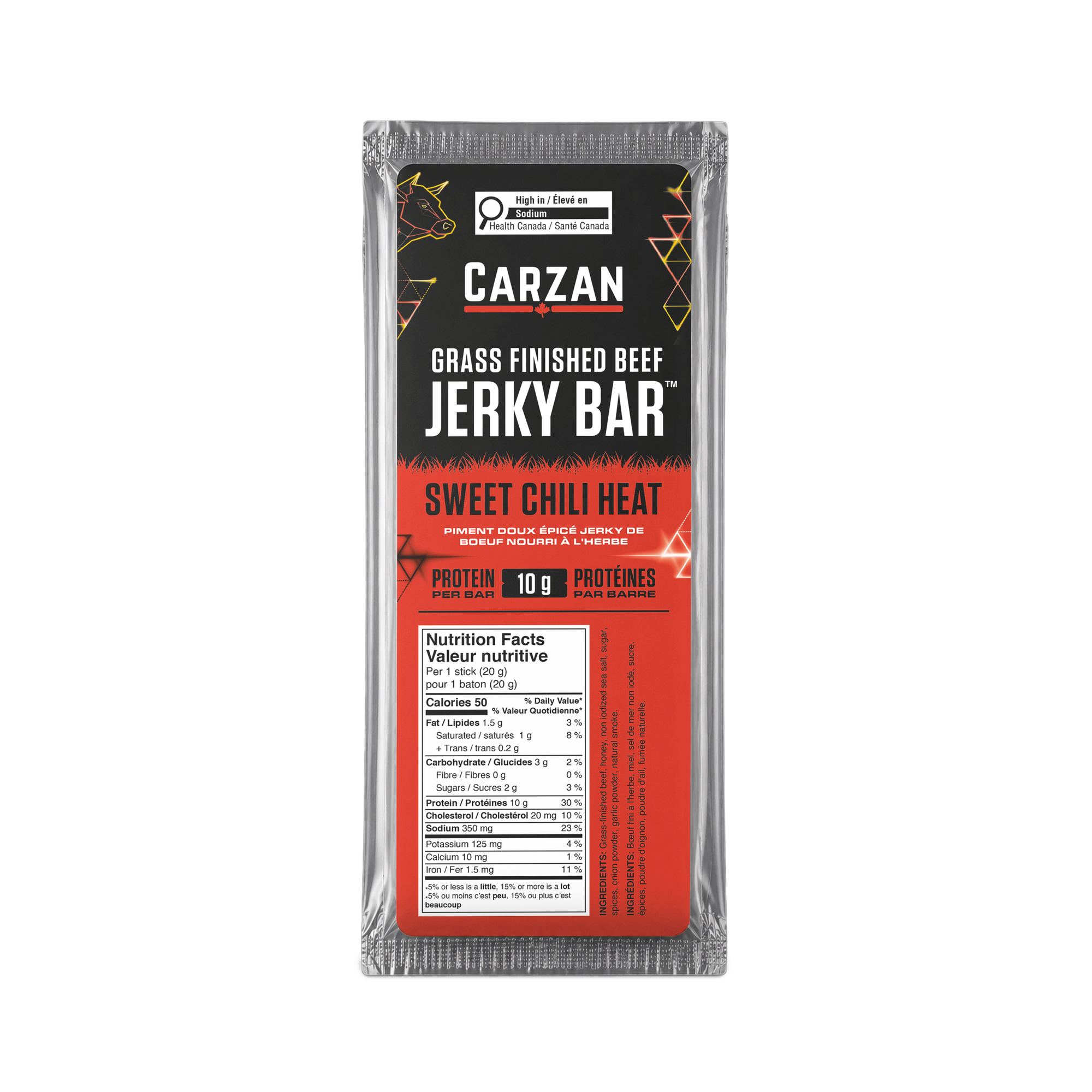 Package of Carzan Sweet Chili Heat grass-fed beef jerky bar