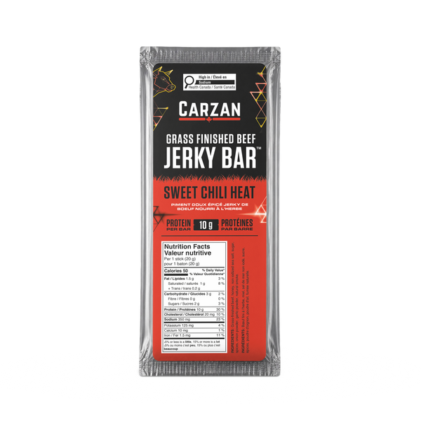 Package of Carzan Sweet Chili Heat grass-fed beef jerky bar