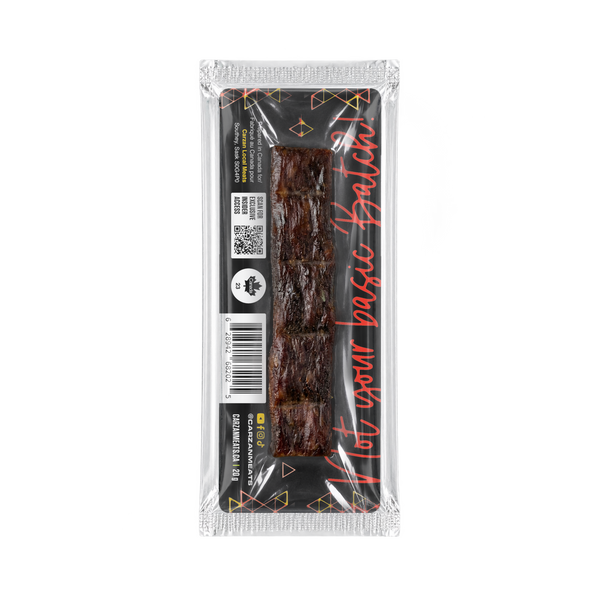 Back of Carzan Sweet Chili Heat grass-fed beef jerky bar showing nutrition facts